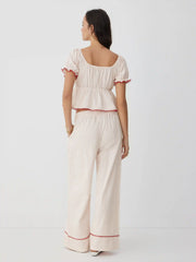 Cotton-blend Striped Puff Sleeve Bowknot Top & Mid Rise Wide Leg Loungewear Set