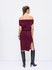 Knit Wool-blend Off-shoulder Split Midi Pencil Dress
