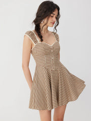 Cotton-blend Gingham Sweetheart Neck Lace Panel Mini Dress