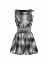 Cotton-blend Gingham Boat Neck Tie Shoulder Shirred Mid Rise Romper