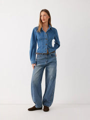 Washed Denim Cinched Waist Blouse
