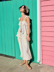 Textured Mid Rise Lace Panel Ruffle Drawstring Bloomer Trousers