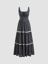 Cotton-blend Scoop Neckline Floral Lace Trim Knotted Tiered Maxi Dress