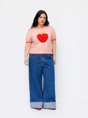 Knit Strawberry Graphic Contrasting Binding Top Curve & Plus