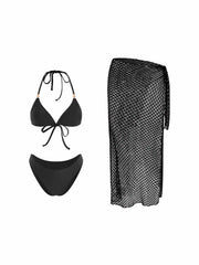 Halter Neckline Metal Detail Triangle Bikini Set With Mesh Sarong