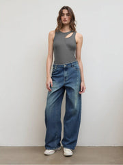Knit Round Neck Asymmetrical Solid Bodysuit