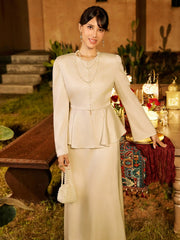 Round Neckline Tie Back Peplum Top & Mid Rise Maxi Skirt Set