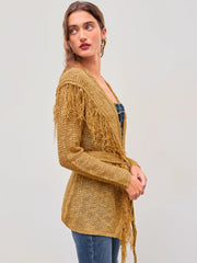Knit V-neck Solid Fringe Hollow Out Knotted Cardigan