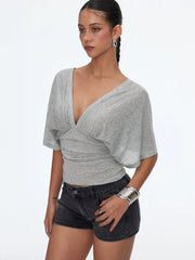 Lyocell-blend V-neck Batwing Sleeve Ruched Slim Tee