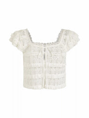 Hollow Out Lace Panel Square Neck Ruffle Sleeve Oversized Crop Top
