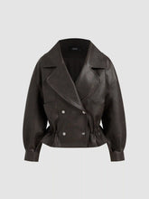 Oversized Faux Leather Ruffle Hem Double Breasted Jacket