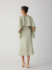 Satin Boat Neck Cloak Sleeve Bolero Flared Maxi Dress