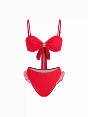 Two Way Smocked Bow Detail Sweetheart Bandeau Bikini Set