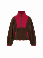 Fleece Stand Collar Colorblock Drawstring Oversized Sweatshirt