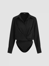 Collar Solid Ruched Long Sleeve Shirt Bodysuit