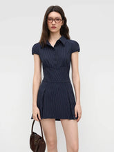 Collar Stripes Pleated Shirt Mini Dress