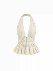 Halter Neckline Ruched Ruffle Hem Top