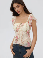 Chiffon Floral Square Neck Twist Knotted Ruffle Sleeve Crop Top