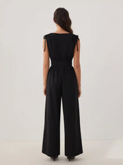V-neck Lace Trim Ruched Bowknot Mid Rise Wide Leg Jumpsuit
