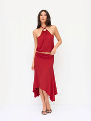 Halter Neck Top & Mid Rise Ruched Asymmetrical Midi Skirt Set