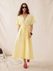 Linen-blend V-neck Pleated Knotted A-line Maxi Dress