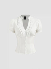 Cotton-blend V-neck Lettuce Trim Short Sleeve Blouse