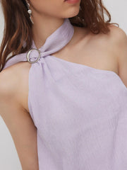 Asymmetrical Neck Mental Detail Belted Layered Mini Dress With Scarf