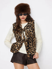 Corduroy Leopard Tie Front Vest