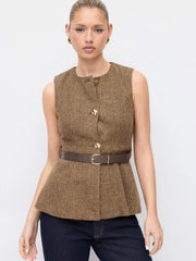 Wool-look Metal Button Round Neckline Blazer Vest With Belt