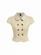 Cotton-blend Peter Pan Collar Puff Sleeve Metal Detail Double Breasted Blouse