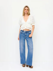 Lace V-Neck Puff Sleeve Ruffled Top