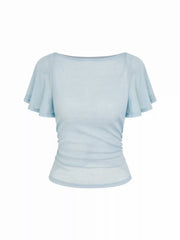 Boat Neck Cloak Sleeve Ruched Sheer Tee