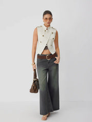 Cotton-blend Asymmetrical Metal Detail Stand Collar Jacket Vest