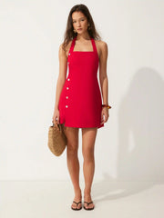 Linen-blend Halter Neck Asymmetrical Button Detail A-line Mini Dress