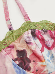 Bunny & Heart Print Lace Trim Bowknot Crop Cami Top Curve & Plus