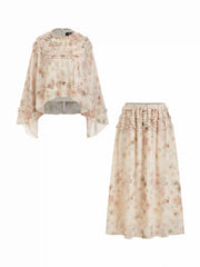 Chiffon Floral Stand Collar Oversized Cropped Top & Mid Rise Ruffled Maxi Skirt Set