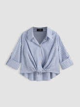 Cotton-blend Collar Striped Knotted Roll-up Long Sleeve Shirt Curve & Plus