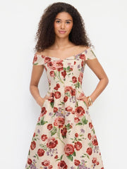Jacquard Floral Sweetheart Off-shoulder Flared Midi Dress