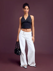 Cotton-blend Polka Dot V-neck Halter Tank Top