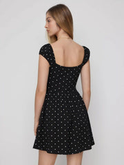 Cotton-blend Polka Dot Square Neck Bowknot A-line Mini Dress