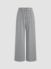 Terry Asymmetrical Neck Solid Long Sleeve Crop Top & Mid Rise Elastic Waist Knotted Wide Leg Trousers Set