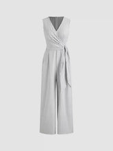 Cotton-blend V-neck Striped Knotted Wide Leg Jumpsuit