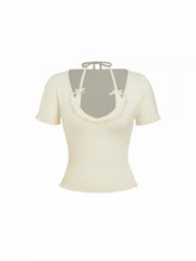 Knit Floral U-neckline Short Sleeve Embroidery Bowknot Top