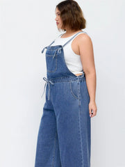 Denim Washed Square Neck Bowknot Belted Wide Leg Jumpsuit Curve & Plus