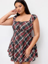 Cotton Plaid Square Neck Puff Sleeve Mini Dress Curve & Plus