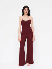 Built-in Bra Square Neck Lace Trim Cami Top & Mid Rise Straight Leg Trousers Loungewear Set