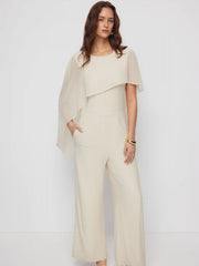 Asymmetrical Cloak Sleeve Mid Rise Wide Leg Jumpsuit With Cape