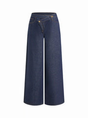 Denim Mid Rise Asymmetrical Mental Button Wide Leg Trousers
