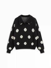 Knit Polka Dot Polo Neck Long Sleeve Oversized Top
