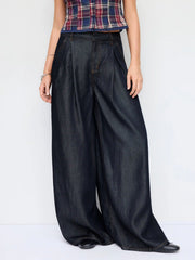 Washed Denim High Rise Draped Wide Leg Jeans